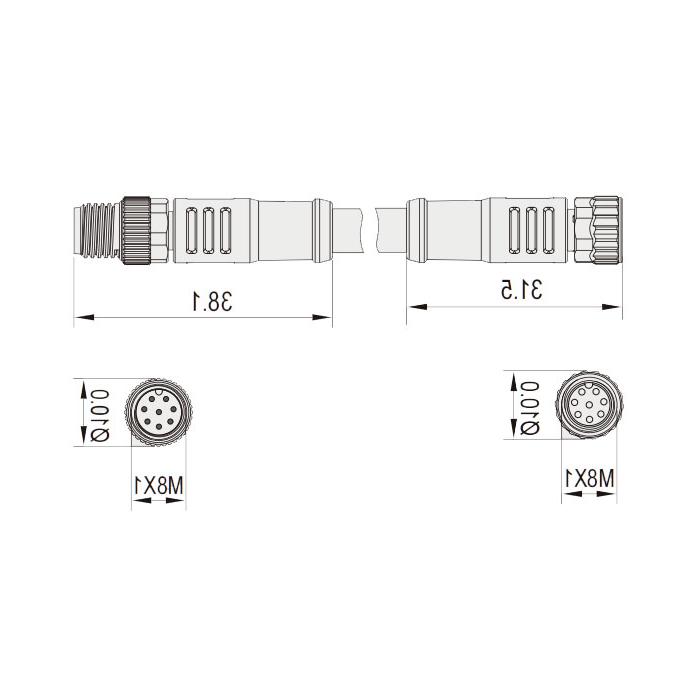 M8 8Pin, female straight turn male straight, double end precast PUR flexible cable, shielded, black sheath, 63DA81-XXX